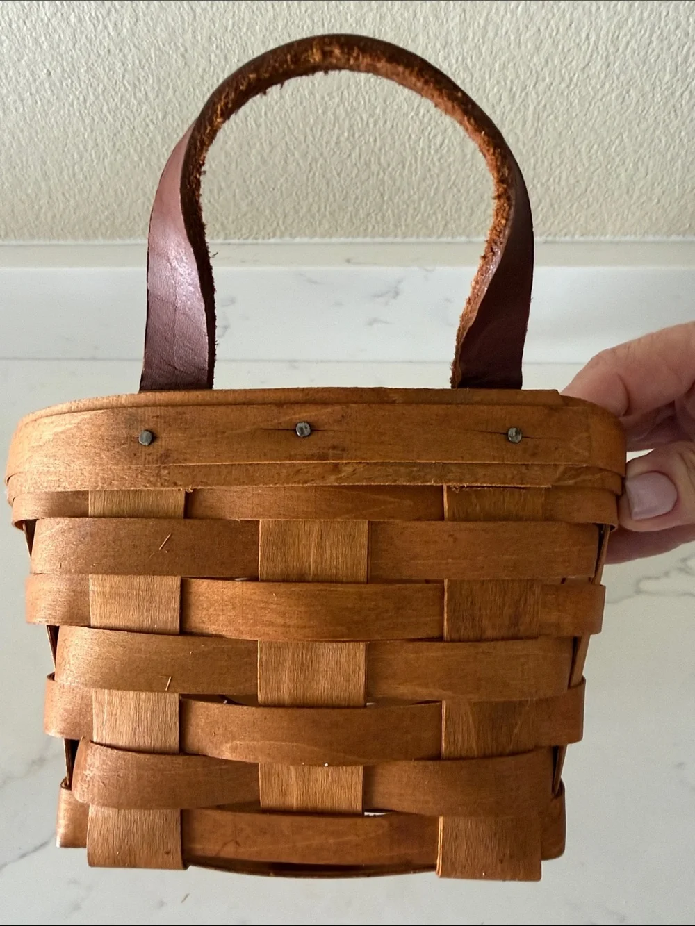 Vintage 19th Century Basket Co Handmade  Basket with Leather Handles Signed